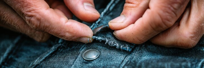 Obraz premium Hands Fastening a Metal Button on Blue Denim Fabric in a Close-Up View During a Casual Clothing Adjustment