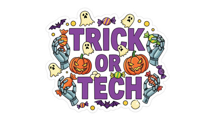Trick or Tech: Spooky elements of Halloween with a tech twist, featuring pumpkins, candies, and ghostly apparitions in a playfully designed graphic, bringing festive delight. 