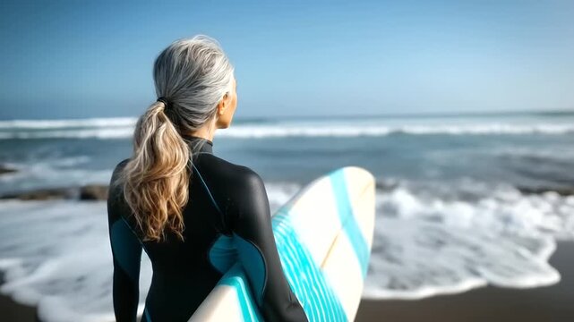 Back view of senior woman in wetsuit with surfboard, standing at shoreline ready for surfing session surfing senior woman, wetsuit female surfer, surfboard ocean