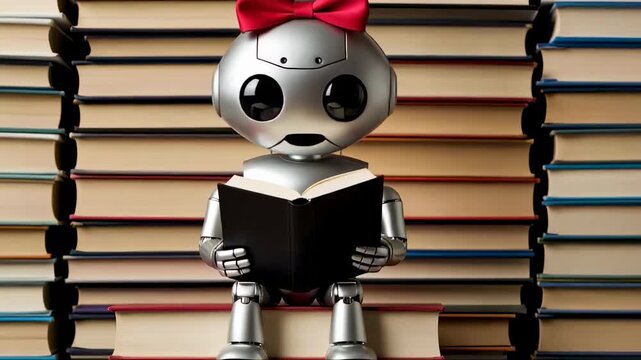 A charming robot with a bow on its head sits among numerous stacked books, deeply engaged in reading. The bright library backdrop adds to the whimsical atmosphere.