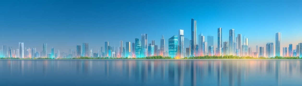 Urban skyline modern skyscrapers and serene lake vista panoramic urban view impressive high rises by tranquil water