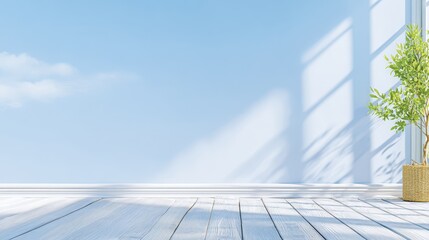 Fototapeta premium Potted plant on wooden floor decor green plant in simple pot on natural wood floor