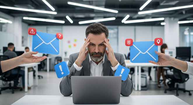 Businessman stressed with emails, overworked in office, productivity dropping, pressure