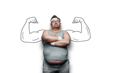 Funny sports nerd with huge arms drawn on the white background with copy space