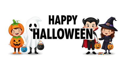 Happy Halloween: A cheerful festive scene with cute characters celebrating the spooky holiday, spreading joy and holiday spirit. 