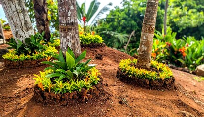 Tropical Garden with Palm Trees and Colorful Plants.