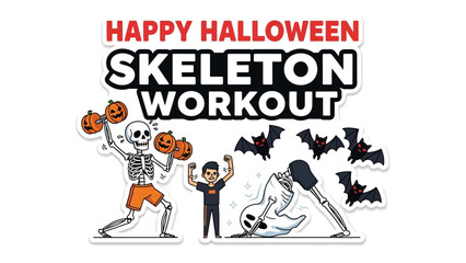 Spooky Workout: A creative and fun Halloween illustration featuring skeletons working out with pumpkins. A delightful and playful scene ideal for Halloween-themed concepts.