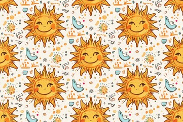 Continuous designs featuring amusing sun icons. Playful warm-season backdrop. Ideal for cloth, fabric, and wall coverings. 2D drawn artwork.