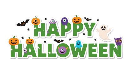 Happy Halloween Graphic: A vibrant Halloween-themed graphic design, complete with cheerful pumpkins, spooky bats, ghosts, and quirky monsters, all spelling out Happy Halloween.