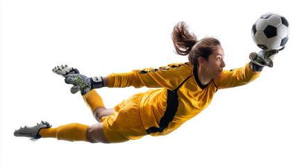 Pro Female Soccer Goalie Diving Mid-Air to Catch Ball on Isolated Background