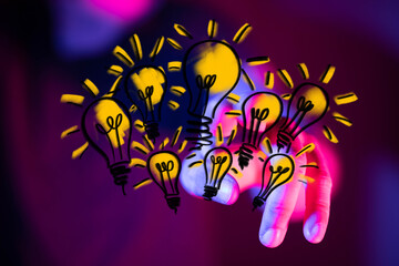 Creative hand illustration reaching for light bulbs against a purple background, symbolizing ideas and innovation. Perfect for presentations and