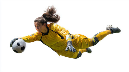 Pro Female Soccer Goalie Diving Mid-Air to Catch Ball on Isolated Background