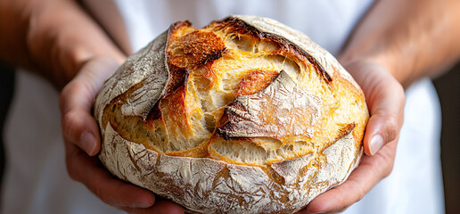 Freshly baked sourdough loaf held by hands