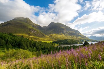 Beautiful landscape featuring a vibrant valley and towering mountain, surrounded by dense forest and blooming purple flowers beneath a bright, cloudy sky.