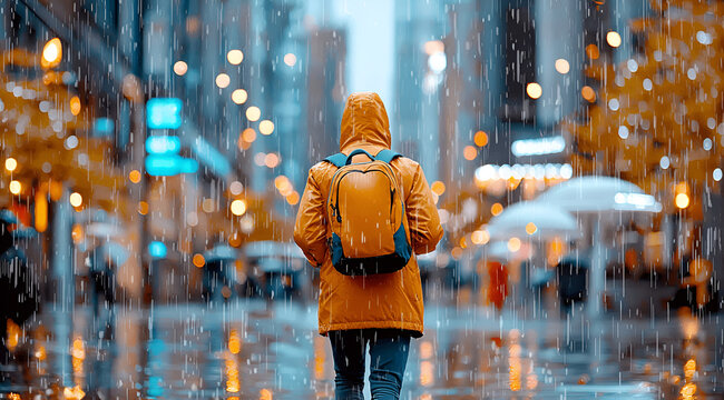 Rainy day stroll in city lights with a backpack - Powered by Adobe