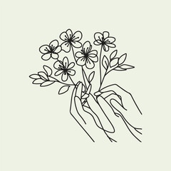 line drawing of hands holding blooming flowers, minimalist abstract vector