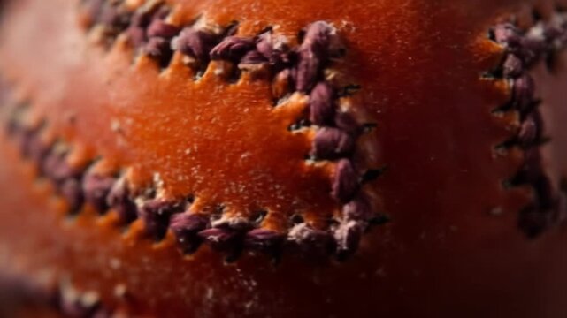 Detailed close up of a baseball showing stitching and leather texture