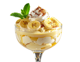  Gourmet Banana Pudding Dessert with Cream Topping and Fruit Garnish PNG