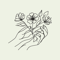 line drawing of hands holding blooming flowers, minimalist abstract vector
