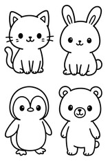 Fototapeta premium A funny set of cute cartoon animal faces including a vector cat, dog, pig, bear, rabbit, cow, and fox for child art illustration