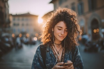 Fototapeta premium Young woman enjoying music on smartphone in city at sunset