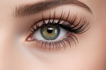 Obraz premium Extreme close-up of a woman's eye featuring voluminous layered false eyelashes in various dimensions