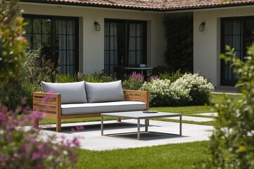 Metal table and wooden sofa set in a garden patio area, close-up view