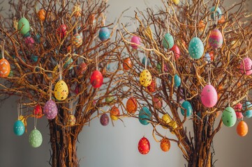 Colorful Easter eggs decorating wooden tree branches