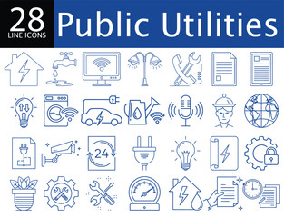 Public Utilities Icons Set 28 Line Icons for Energy, Water, Communication, and Infrastructure Services