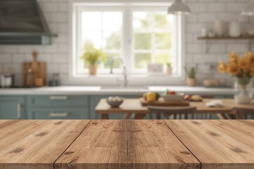 Empty wooden tabletop with vintage base for your design ideas. Bright kitchen setting with natural sunlight through window.