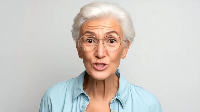 Elderly grandmother with white hair and glasses making funny expression, concept of cheerful aging, positive emotions and humorous senior portrait elderly 