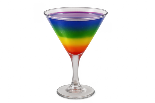 Layered rainbow cocktail drink in martini glass