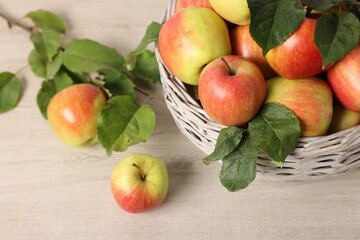 Fresh ripe apples with green leaves in wicker basket on wooden table, closeup