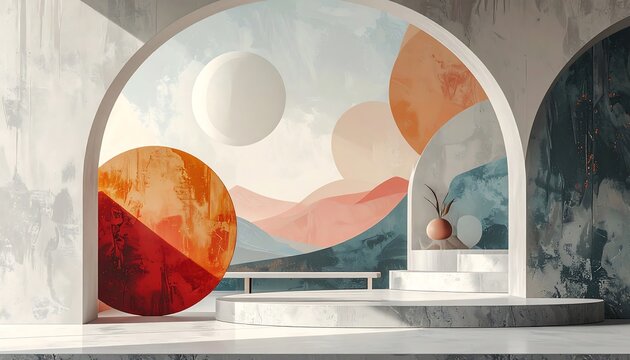 Abstract Archway with Geometric Shapes and Soft Colors.