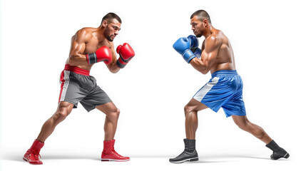 Two Pro Boxers Sparring in Ring - Side View Action Shot - Isolated on White
