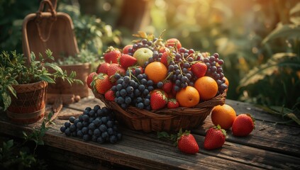 Naklejka premium Basket of wooden material filled with an assortment of vibrant ripe summer fruits