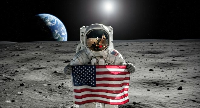 Astronaut Planting the American Flag on the Moon Surface