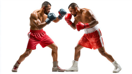 Two Pro Boxers Sparring in Ring - Side View Action Shot - Isolated on White
