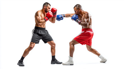 Two Pro Boxers Sparring in Ring - Side View Action Shot - Isolated on White