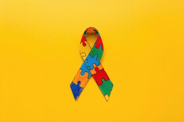 Global Autism Recognition Day. Vibrant puzzle-patterned ribbon against a bright yellow backdrop, viewed from above
