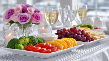 Elegant buffet spread with fresh vegetables, cheese, grapes, champagne, and roses for a festive celebration.