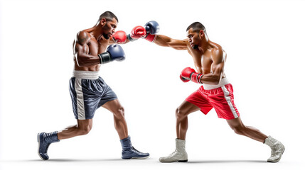 Two Pro Boxers Sparring in Ring - Side View Action Shot - Isolated on White