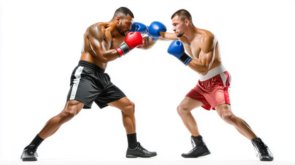 Two Pro Boxers Sparring in Ring - Side View Action Shot - Isolated on White