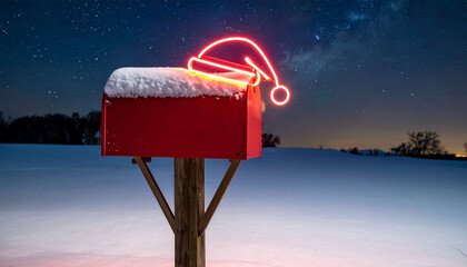  A glowing neon outline of Santa’s hat perched atop a snowy mailbox