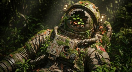 Abandoned astronaut suit reclaimed by lush jungle overgrowth and moss