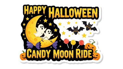 Enchanting Halloween Night: A whimsical illustration captures the essence of Halloween with a smiling moon, playful ghosts, and cheerful pumpkins, bats, stars and lollipop and sweet candy.