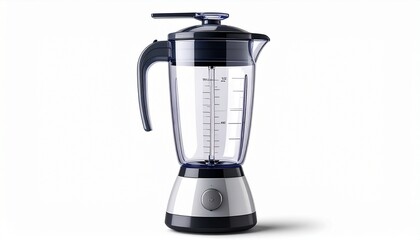 A realistic blender bottle with transparent plastic, measurement markings, and lid with spout isolated on white background
