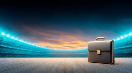 Traveler suitcase awaits stadium adventure on wooden floor luggage for stadium event on wood journey to sports venue
