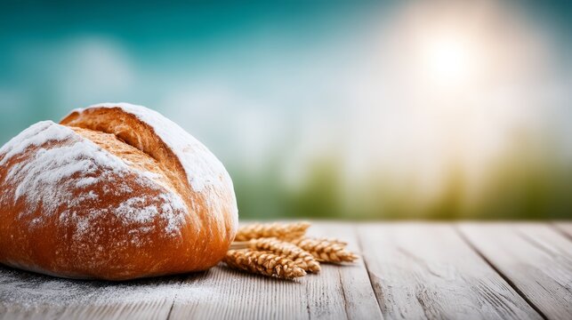 Fresh baked bread golden wheat on rustic wood table golden brown bread natural wheat on warm wood surface
