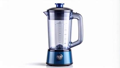 A realistic blender bottle with transparent plastic, measurement markings, and lid with spout isolated on white background
